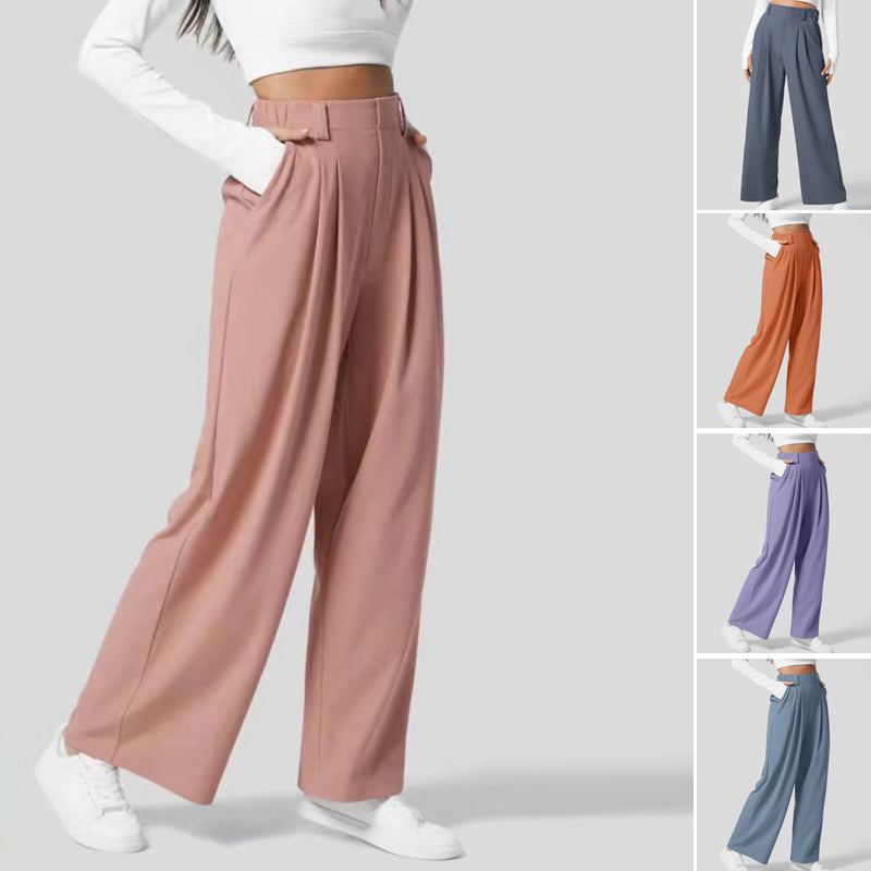 High Waisted Plicated Side Pocket Wide Leg Casual Pants