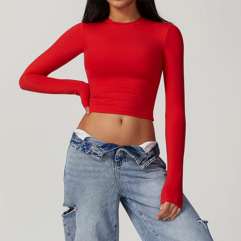 Quick Drying Long Sleeve Crew Neck Crop T-shirt