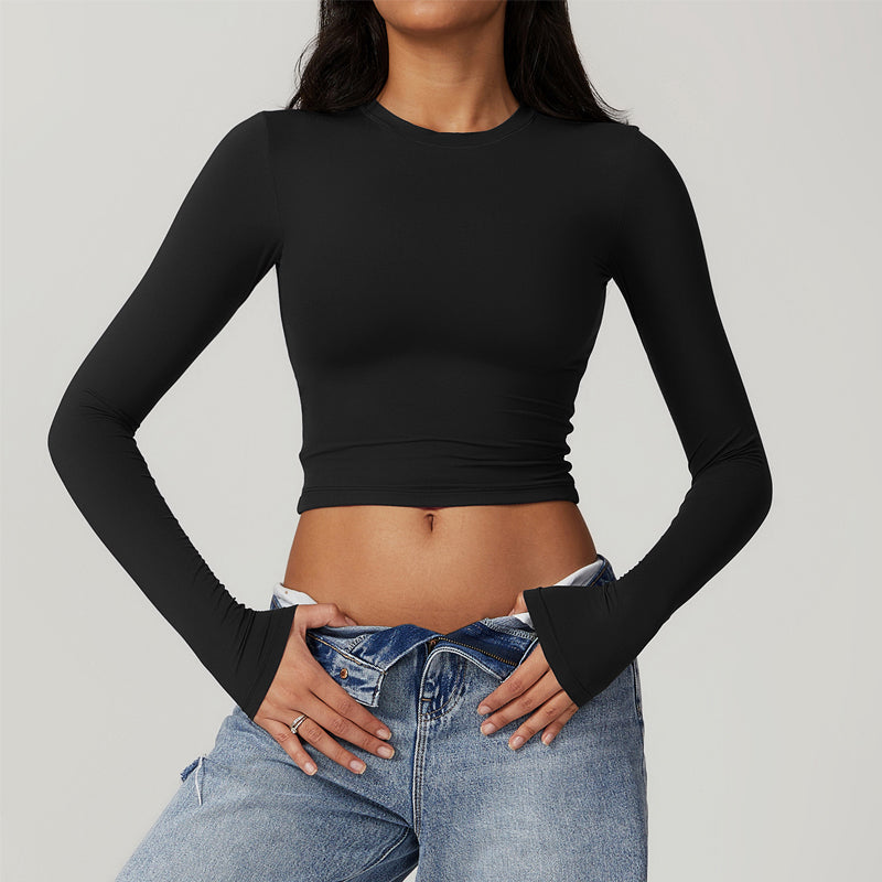 Quick Drying Long Sleeve Crew Neck Crop T-shirt