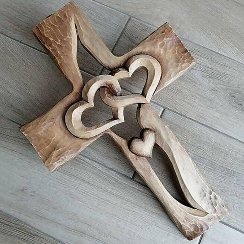 Carved Wooden Cross - Intertwined Hearts