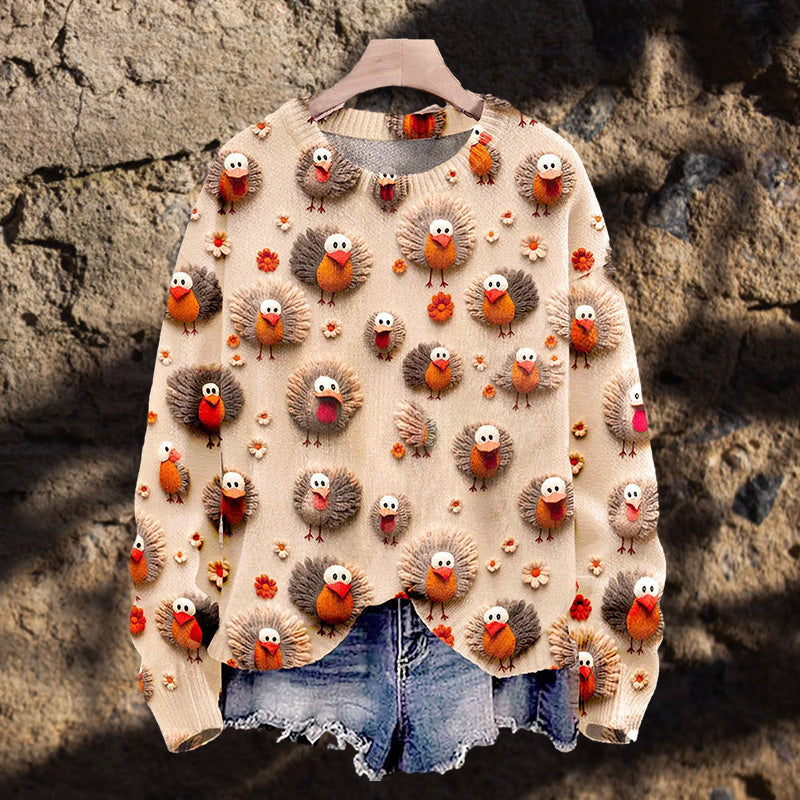 Christmas Cute Little Turkeys Print Knit Pullover Sweater