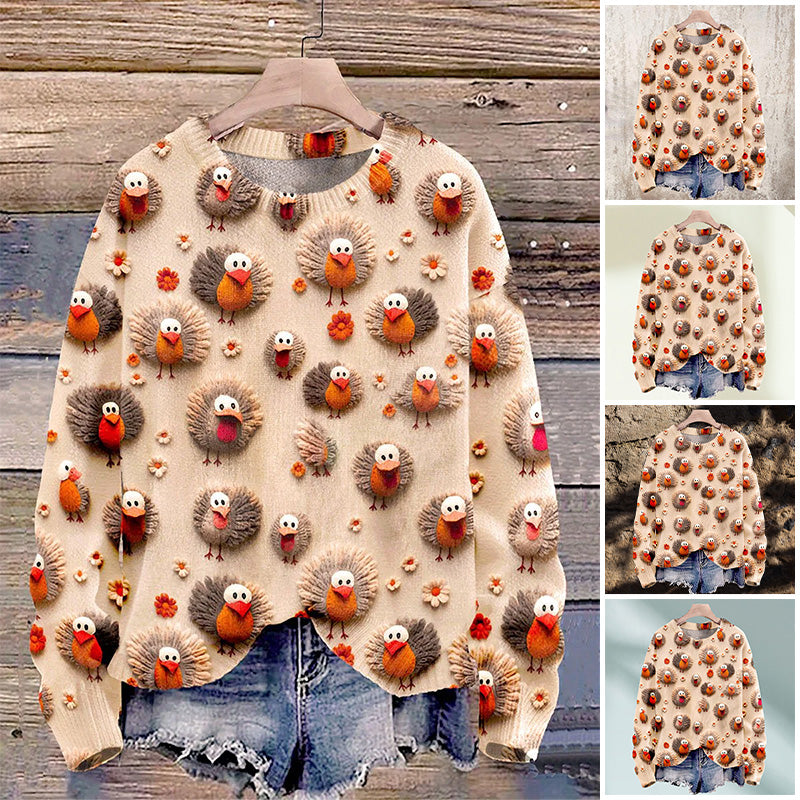 Christmas Cute Little Turkeys Print Knit Pullover Sweater