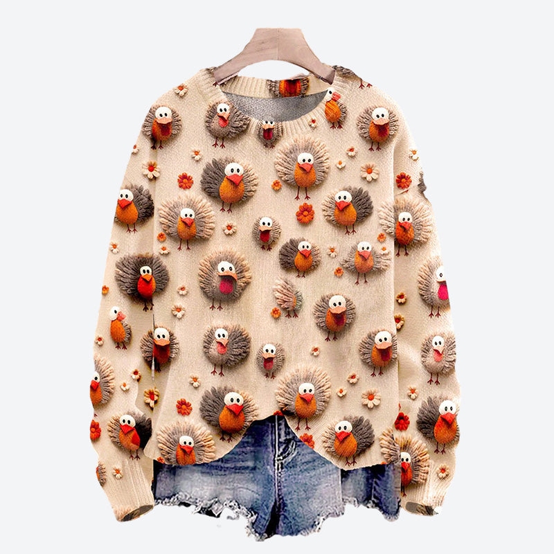 Christmas Cute Little Turkeys Print Knit Pullover Sweater